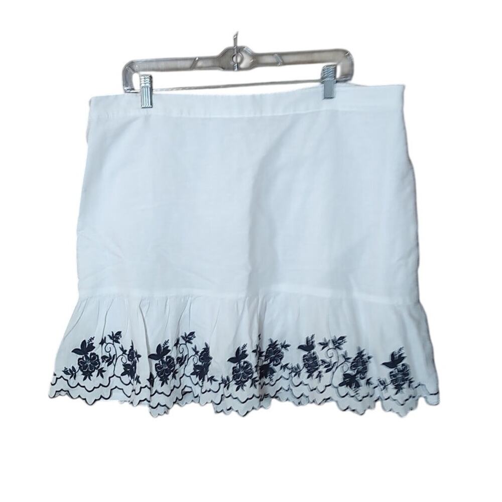 J. Crew White Navy Blue Embroidered Hem Linen Blend Skirt Women 2x Beach Preppy